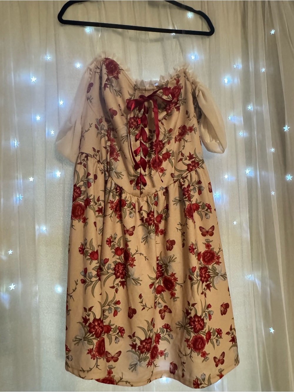 SHEIN Cream Mini Dress with Red Floral & Butterfly Print